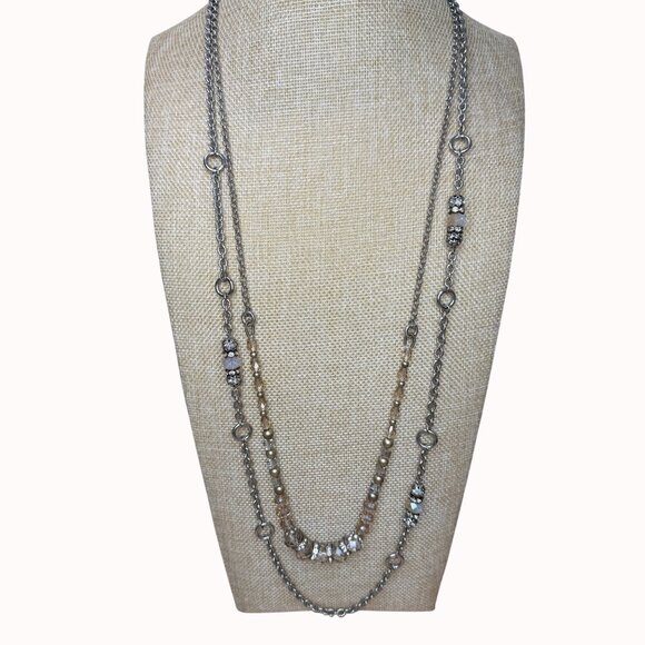 Loft Layered Necklace Set With Silver-Tone Chains & Glass Beads Long - Picture 2 of 10